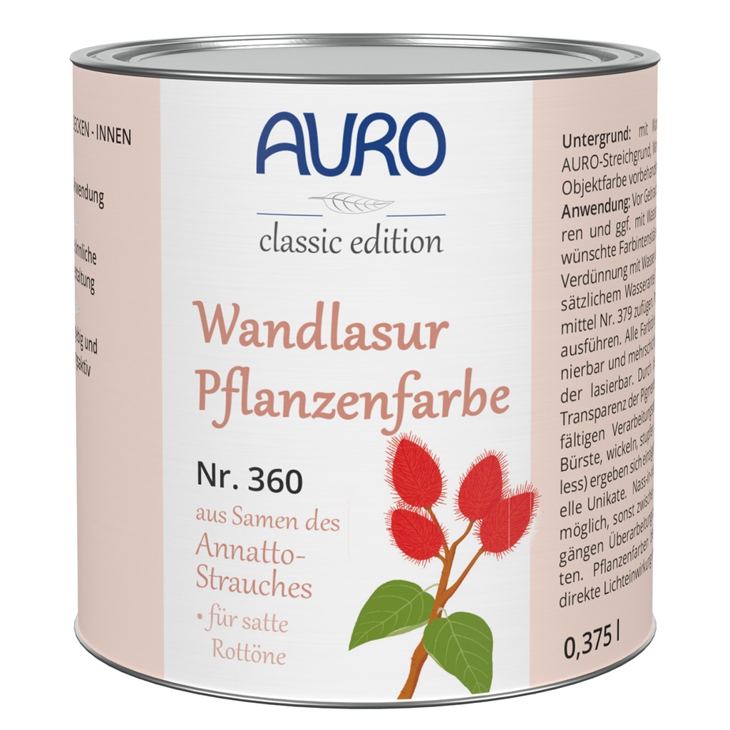 AURO Wandlasur-Pflanzenfarbe, Ipiak-Rot (Gelbton) Nr. 360-21 0,375l