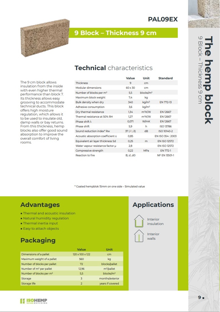 IsoHemp Kalk-Hanfstein 9cm, glatt, Pal.